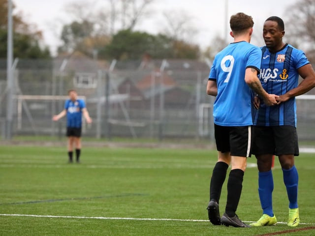 Lee Kaberry's goal celebration with Izzy Matonga. Picture: Chris Moorhouse