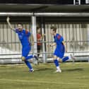 Kieran Clark celebrates his injury time winner at Romsey last night. Picture by Ken Walker.