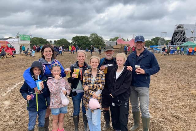 Olly Fairchild, 11, with mum Ros and sister Mia, 9, with friend Lucy Hicks, with her daugher Lo, 12, and Derek Hicks, and Amelia Hicks, 13, and Tim Fairchild, at the Wickham Festival 2021 