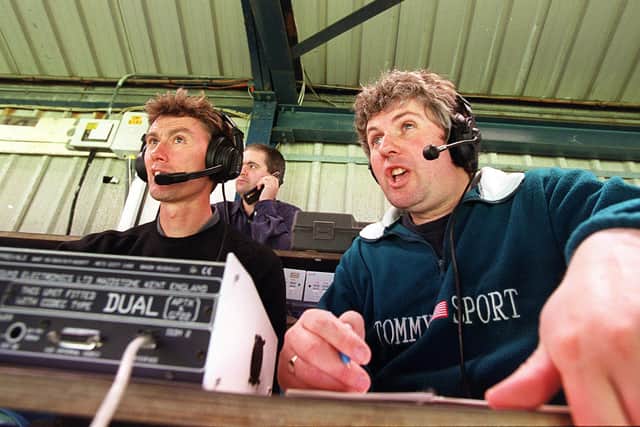 Dave Thomas commentating for Capital Gold radio station with Peter Hood at Fratton Park