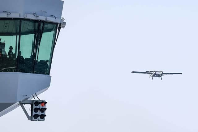 The drone in flight. Picture: LPhot Finn Stainer-Hutchins/Royal Navy.