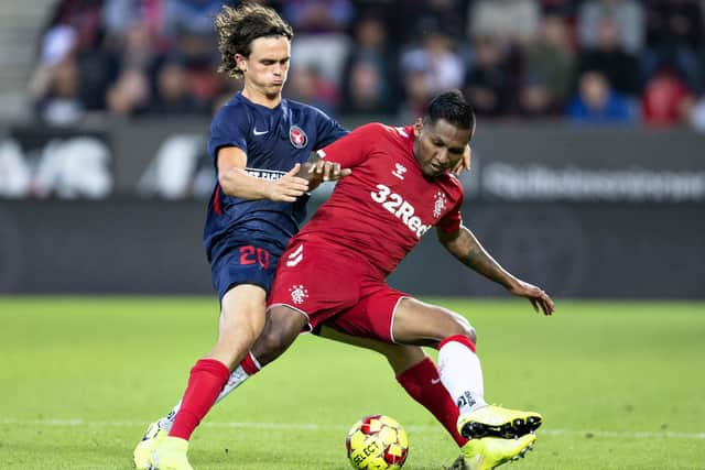 Rasmus Nicolaisen (left) tangles with Rangers' Alfredo Morelos in a Europa League third round qualifying match in August 2019. Picture: HENNING BAGGER/AFP via Getty Images.