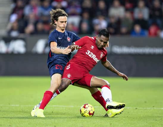 Rasmus Nicolaisen (left) tangles with Rangers' Alfredo Morelos in a Europa League third round qualifying match in August 2019. Picture: HENNING BAGGER/AFP via Getty Images.
