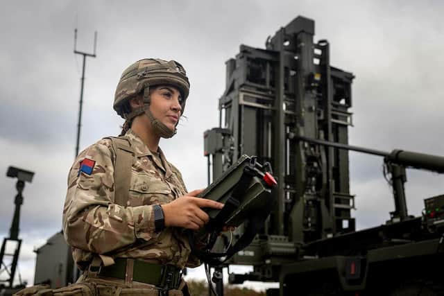 A Royal Artillery soldier pictured using the Sky Sabre missile system