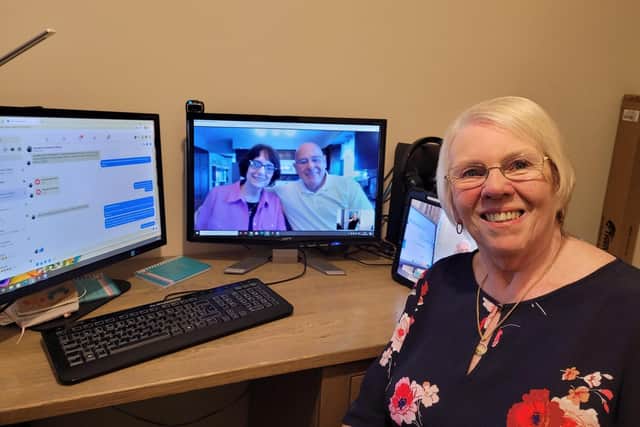 Sandra Cale on her first video call with long-lost half-brother Robert Edberg and his wife Roseanne, April 10, 2021.