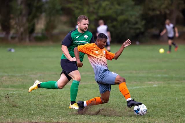 Jordan Farnden, right, scored Soberton's Challenge Cup winner against North End Cosmos. Picture: Mike Cooter