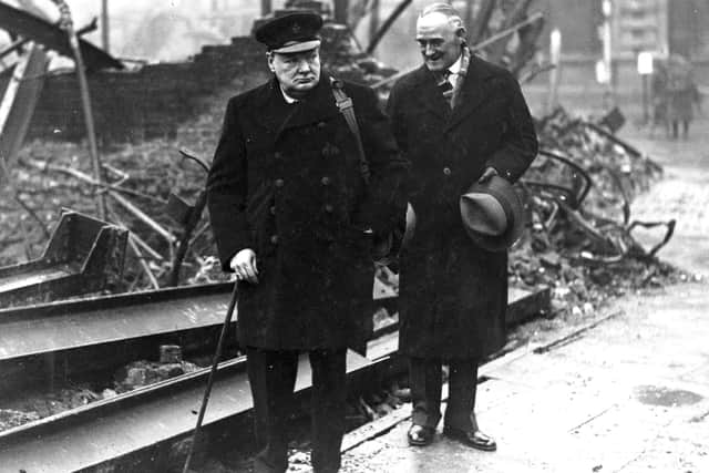 Winston Churchill visiting blitzed Portsmouth accompanied by lord mayor Denis Daly.