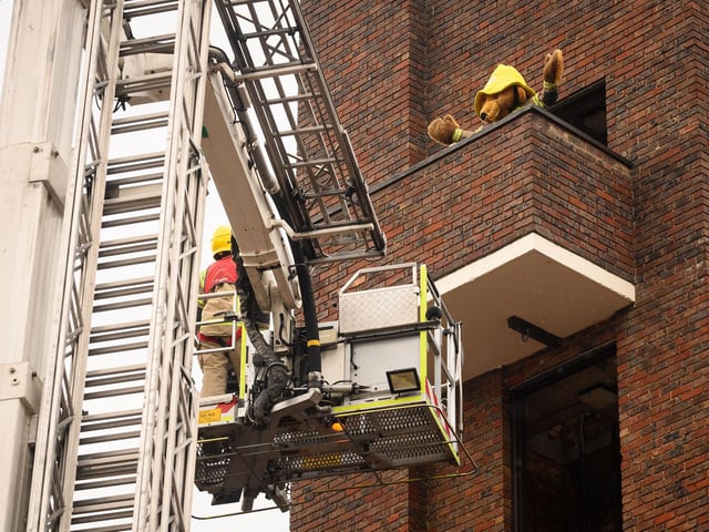 Pictured is: Blaze is rescued the Aerial platform.Picture: Keith Woodland (100921-35)