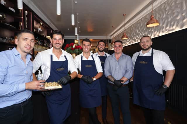 From left, Manager Andre Slemco, Denis Cindea, George Dimbleby, Charlie Dimbleby, Matt Bond and Steven Cook. The Monarch in Palmerston Rd, Southsea, reopened on 'Super Saturday' following the easing of Covid-19 restrictionsPicture: Chris Moorhouse    (040720-14)
