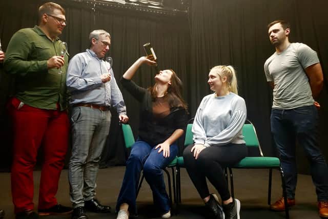 Humdrum stage Charley's Aunt at The Spring Arts Centre, Havant from June 15-18, 2022. In rehearsal, from left: Nathan Blake, Rob Scott-Moore, Leila Morello, Lauren Haskett and Michael Gondelle