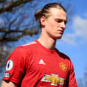 ENFIELD, ENGLAND - MARCH 19:  Max Taylor of Manchester United takes to the field during the Premier League 2 match between Tottenham Hotspur and Manchester United at Tottenham Hotspur Training Centre on March 19, 2021 in Enfield, England. (Photo by Alex Davidson/Getty Images)