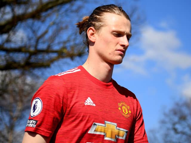 ENFIELD, ENGLAND - MARCH 19:  Max Taylor of Manchester United takes to the field during the Premier League 2 match between Tottenham Hotspur and Manchester United at Tottenham Hotspur Training Centre on March 19, 2021 in Enfield, England. (Photo by Alex Davidson/Getty Images)