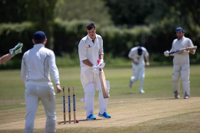 Portsmouth batter Liam Saville is bowled by Purbrook's Daniel Porton. Picture by Alex Shute.