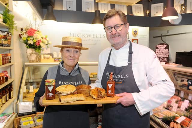 Owners Helen and John Buckwell with some of their pies
Picture: Sarah Standing (250220-8736)