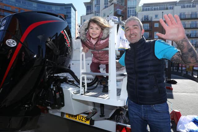 Angler Luke Fitzgerald and his daughter, Belle, 5, aboard the boat offered as a prize. Launch of Sea Angling Classic competition at Gunwharf Quays, Portsmouth
Picture: Chris Moorhouse (jpns 190322-35)