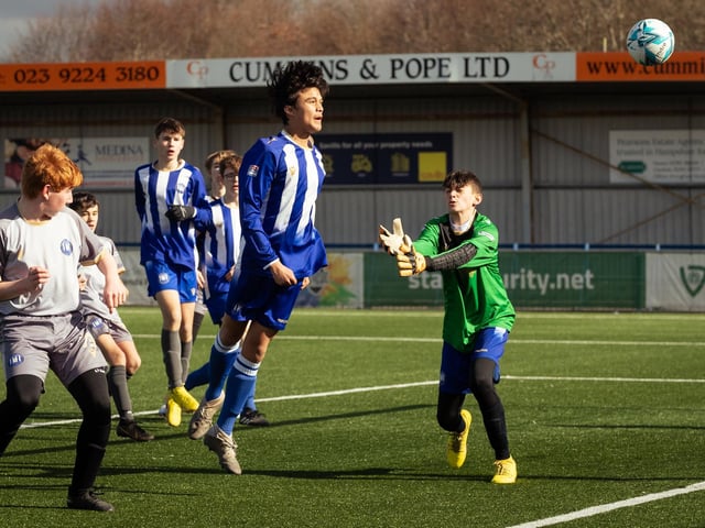 Action from the U15 Campbell McFaull Invitation Cup final between Hayling St Andrews Blue and Hayling St Andrew White. Picture: Keith Woodland (260221-27)