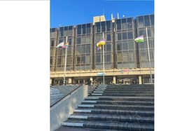 Inclusive flags being flown outside the Portsmouth civic offices on October 14, 2021.