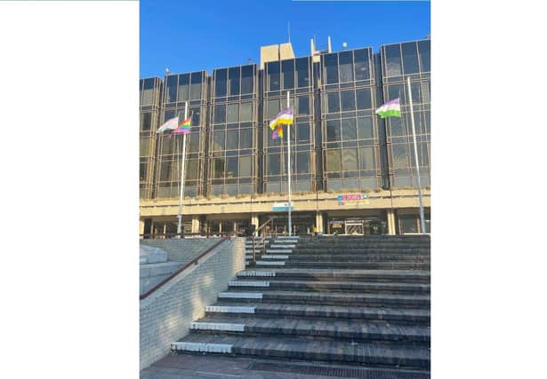 Inclusive flags being flown outside the Portsmouth civic offices on October 14, 2021.