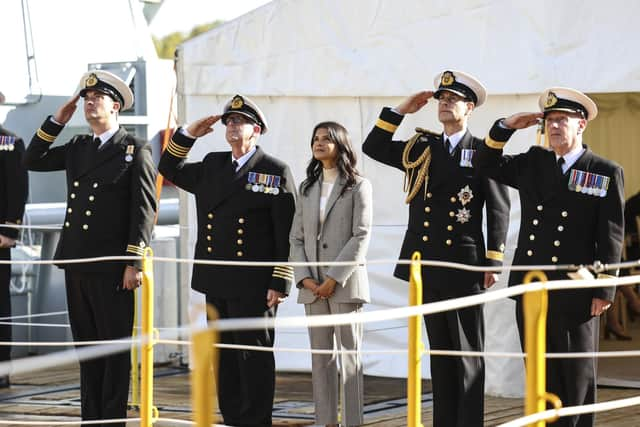 HRH Prince Edward, Duke of Edinburgh and the Prime Minister's wife Mrs Murty attend a dedication ceremony of the RFA Proteus which will serve as the launchpad for remotely-operated vehicles and a home to a suite of specialist capabilities. Picture: Cpl Tim Hammond.