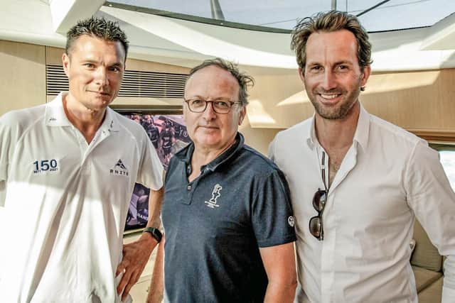 Right to left: Aaron Young, commodore of the Royal New Zealand Yacht Club, Bertie Bicket, chairman of Royal Yacht Squadron Racing, and Sir Ben Ainslie, team principal of Ineos Team UK.