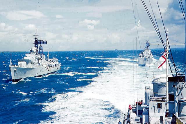 HMS Delight on the starboard quarter with HMS Dainty manoeuvring astern. Picture: Tim King