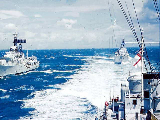 HMS Delight on the starboard quarter with HMS Dainty manoeuvring astern.  Picture: Tim King