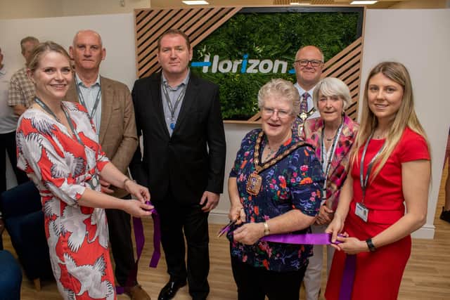 A new Horizon Wellbeing Hub has opened at Meridian Shopping Centre, Havant, to help people live healthier lives. Cutting the ribbon was Mayor of Havant Rosy Raines, pictured with, left to right, Horizon marketing manager Alexandra Pinhorn,  Phil Jones, chair of the board of trustees, CEO Michael Lyons, Graham Raines, Cllr Gwen Robinson and Emma George, Horizon's community health and wellbeing manager. Picture: Habibur Rahman