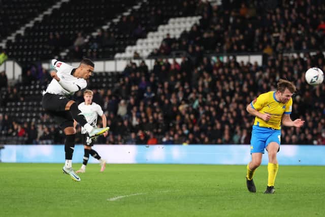 Lewis Dobbin scores an outstanding FA Cup strike last night. (Photo by Nathan Stirk/Getty Images)