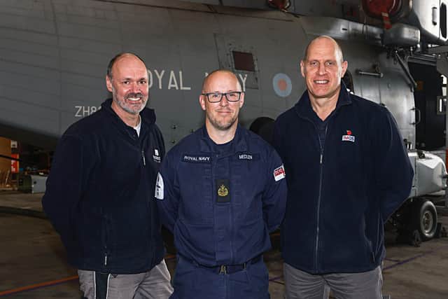 Chief Petty Officer Jamie Medlen with contractors, from the company Morson, Chris Lewis-Brown and Jim Bartholomew. The team from RNAS Culdrose has successful challenged the need to replace the expensive landing gear, as stipulated in the maintenance regime. They have proved the gear does not need replacing after 3,500 flying hours - potentially saving the Ministry of Defence millions of pounds.