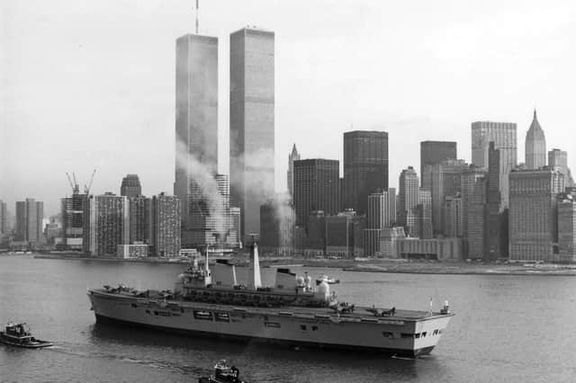 HMS Illustrious in New York with the Twin Towers in the background, February 1984.
