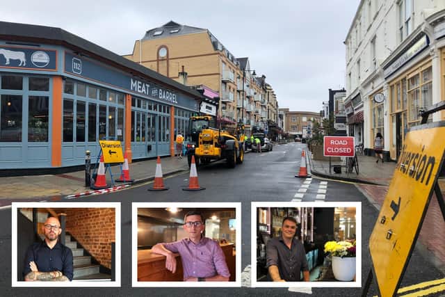 Pedestrianisation work in Palmerston Road, Southsea, as it began yesterday and, from left, venue managers Dave Walker, Ionut Munteanu and Matt Bond. Pictures: Byron Melton