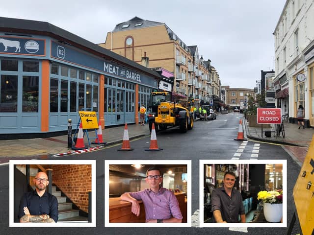 Pedestrianisation work in Palmerston Road, Southsea, as it began yesterday and, from left, venue managers Dave Walker, Ionut Munteanu and Matt Bond. Pictures: Byron Melton