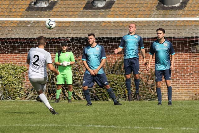 Watersedge take a free-kick during their Portsmouth Sunday League Cup victory against Friends Fighting Cancer Reserves. Picture: Kevin Shipp.