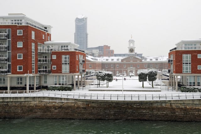 Another snowy day at Gunwharf Quays in 2010 with 'The Lipstick Tower' as a backdrop