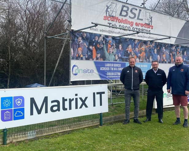 Chairman of AFC Portchester, Paul Kelly,  Steve Carnell, Matrix IT Commercial Director and Steve Rutter , Head of Football & Education Development & Commercial Director / AFC Portchester