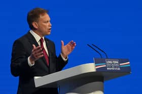 Grant Shapps delivering a speech on stage during the opening day of the annual Conservative Party Conference in Manchester on October 1, 2023. Picture: JUSTIN TALLIS/AFP via Getty Images.