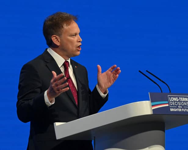 Grant Shapps delivering a speech on stage during the opening day of the annual Conservative Party Conference in Manchester on October 1, 2023. Picture: JUSTIN TALLIS/AFP via Getty Images.