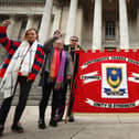 From left, Anna Lilley, Michelle Lincoln, chair of Portsmouth Trades council Jon Woods, Mark Sage and Khalid Sidahmed. Cost of living protest organised by Portsmouth Trades Council, at the Guildhall, Portsmouth. 
Picture: Chris Moorhouse