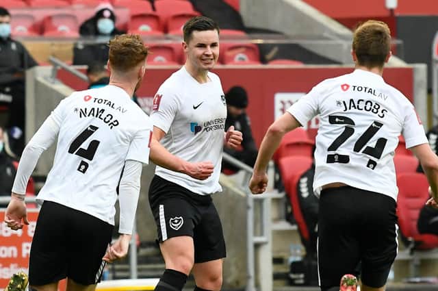 Goal 1-1 - Callum Johnson (2) of Portsmouth celebrates scoring the equalising goal during the The FA Cup match between Bristol City and Portsmouth at Ashton Gate, Bristol, England on 10 January 2021. Picture: Graham Hunt