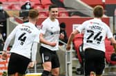 Goal 1-1 - Callum Johnson (2) of Portsmouth celebrates scoring the equalising goal during the The FA Cup match between Bristol City and Portsmouth at Ashton Gate, Bristol, England on 10 January 2021. Picture: Graham Hunt