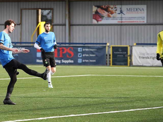 Harry Ainsley scores Eastney's sixth. Picture: Stuart Martin