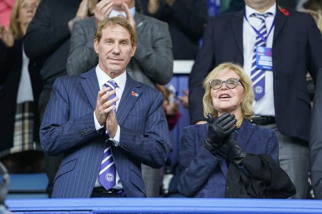 Pompey director Eric Eisner pictured alongside his mother Jane on his most recent visit to Fratton Park
