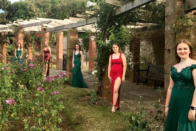Portsmouth High School girls in their prom dresses at Southsea Rose Gardens. From left, Alexandra Cells, 16, Madeleine Oliver, 16, Lauren Sutton, 15, Eleanor Palmer, 16, and Thalia Burke, 16