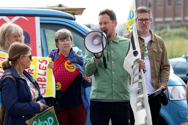 The Let's Stop Aquind walking protest against Aquind pictured starting at the Fort Cumberland car park in Eastney.

Pictured is Stephen Morgan MP speaking at the gathering.

Picture: Sam Stephenson