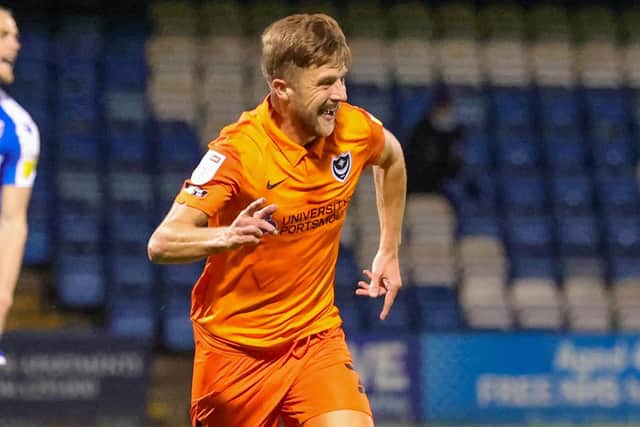 Michael Jacobs celebrates his first Pompey goal at Gillingham. Picture: Nigel Keene
