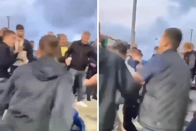 Feckless yobs were seen brawling in the terraces during Pompey friendly against Bognor Regis on July 11 at Nyewood Lane. Pictured are screenshots from a video showing the fight, which circulated on social media before being deleted.