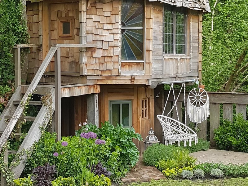Shed of the year 2017 - The Mushroom Shed - built by Ben Swanborough
My 12yr old daughter handed me ﾣ500 pounds and asked me to build her a house in the shape of a mushroom. I got a bit carried away! Downstairs in the stem will be a small desk area and steps up to the top of the mushroom. Once through the trap door, you enter a living area. This has some stained glass windows, and a glass floor section looking down to the river below. There will be another door, which leads onto a small exterior platform and more steps down to the garden. There is also a window in the roof.