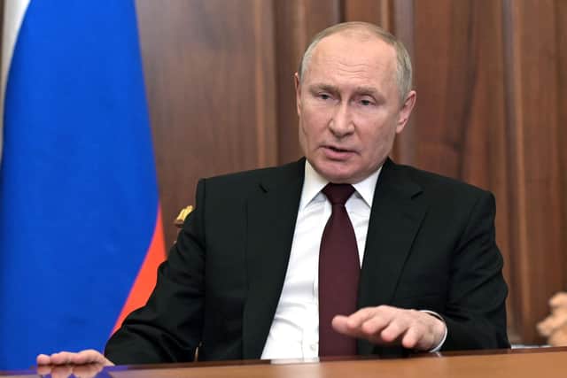 Russian President Vladimir Putin speaks during his address to the nation at the Kremlin in Moscow on February 21, 2022. (Photo by Alexey NIKOLSKY / Sputnik / AFP) (Photo by ALEXEY NIKOLSKY/Sputnik/AFP via Getty Images)