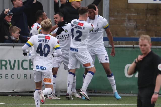 Manny Duku, right, has just put Hawks 2-1 up against Ebbsfleet. Picture: Dave Haines.