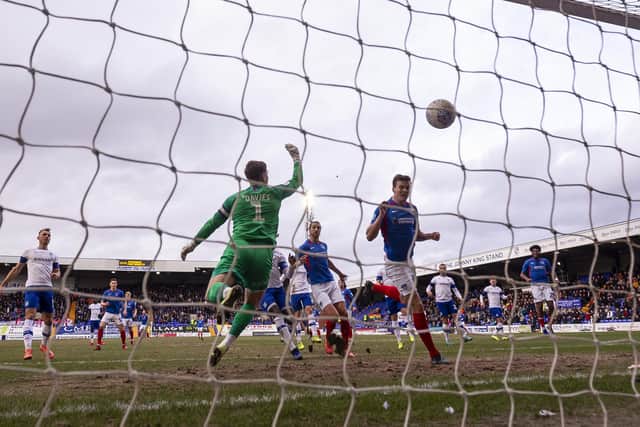 Sean Raggett's goal at Tranmere. Photo by Daniel Chesterton/phcimages.com